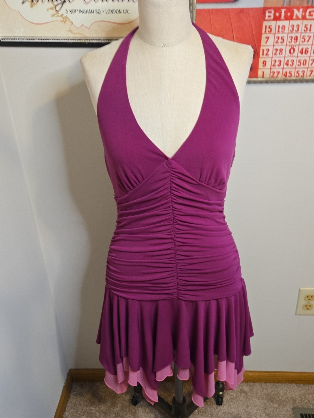 City Triangles Magenta Halter Ruched One-Piece Dress with Pink Hem